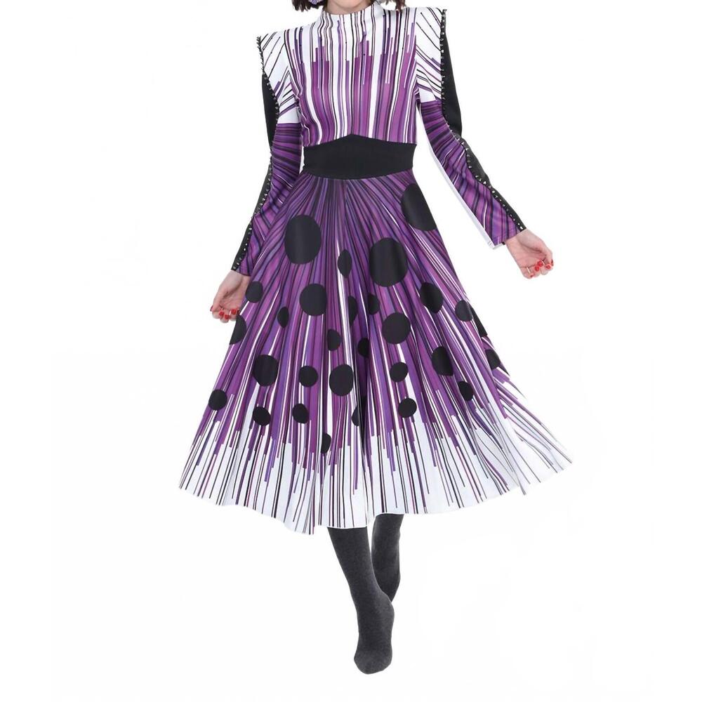 NEW LOVE THE QUEEN fit and flare crepe dress in purple/white/black